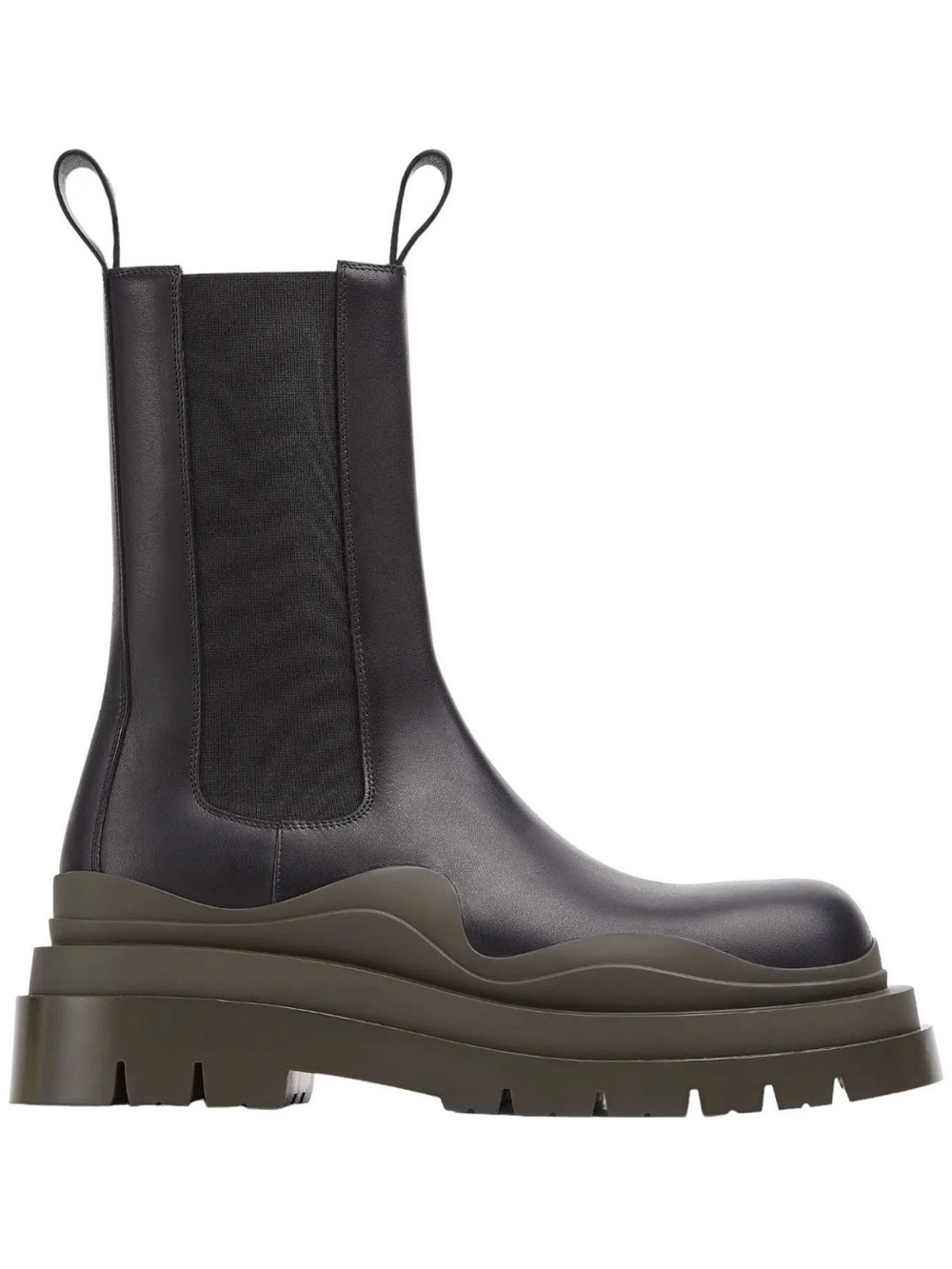 Bottega Veneta Black Leather Chelsea Lug Boots with Olive Sole